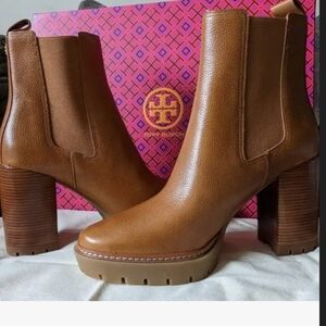 Tory Burch Brown Leather Platform Chelsea Ankle Boots